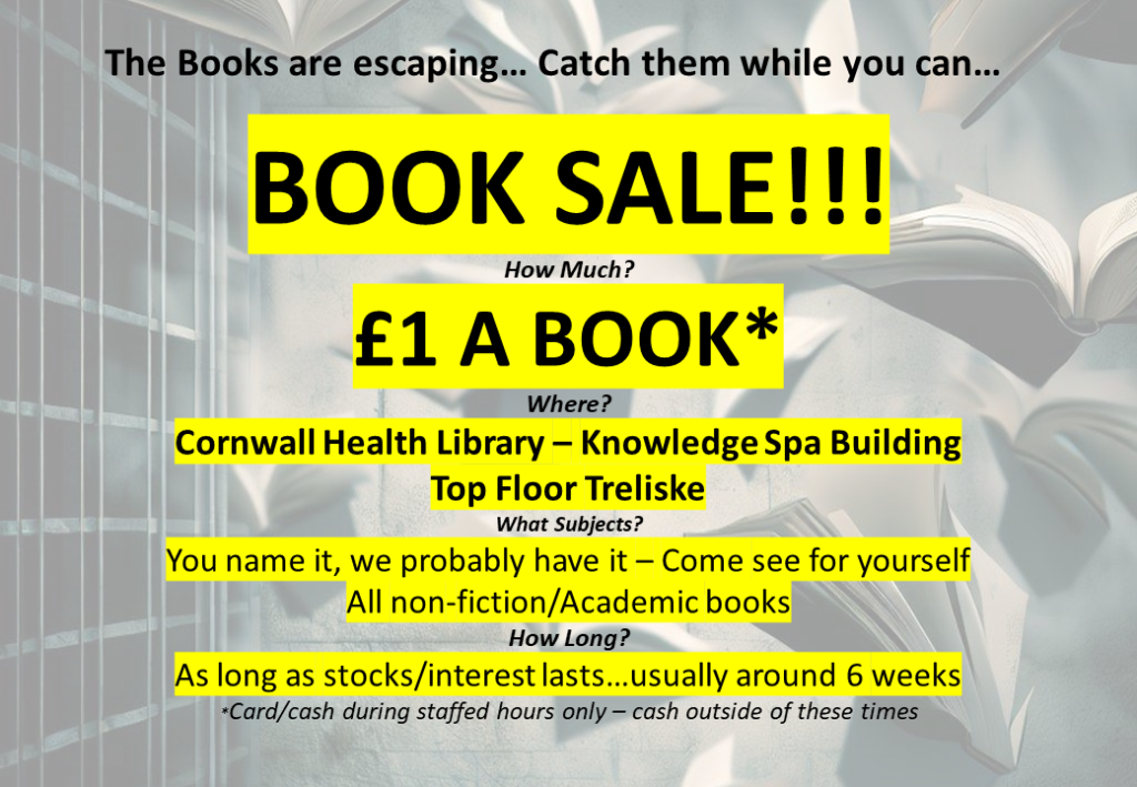 The Books are escaping. Catch them while you can!

A new book sale is happening at the library, each book is £1!

Happening at the Health Library in the Knowledge Spa building.

You name it, we probably have it. Come and see for yourself! All books are non-fiction or academic.

It will last as long as stock and interest lasts, usually around 6 weeks.